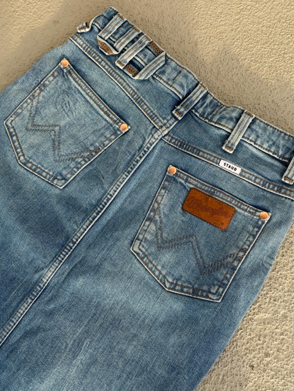 Wrangler x STAUD Denim midi skirt